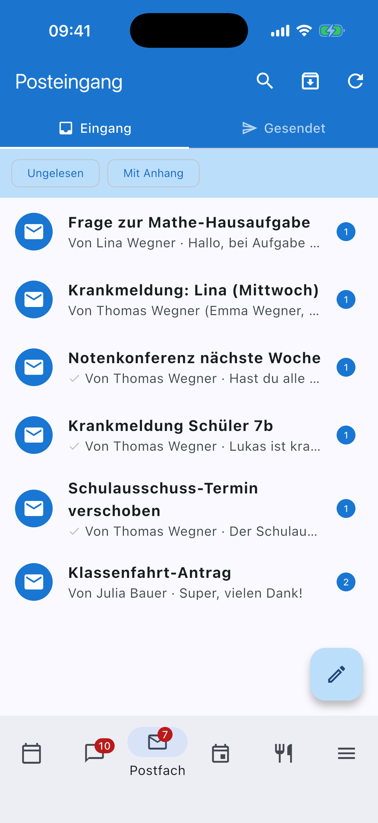Postfach-Übersicht mit offiziellen Mitteilungen
