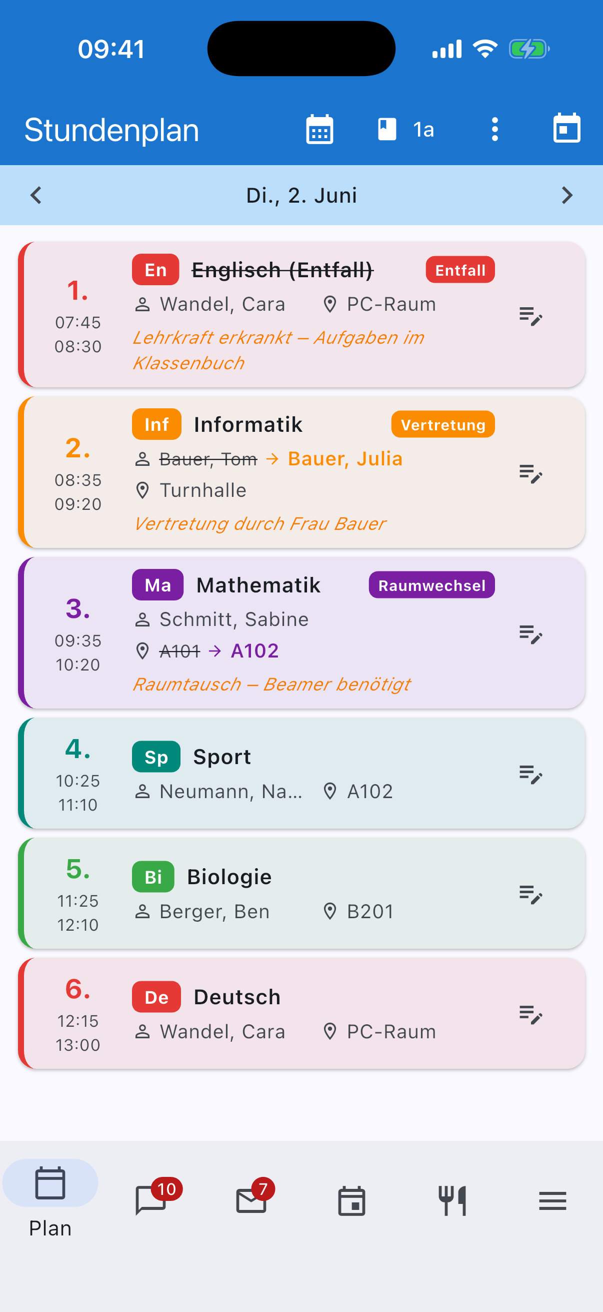 Stundenplan-Tagesansicht in der Schoolanizer-App