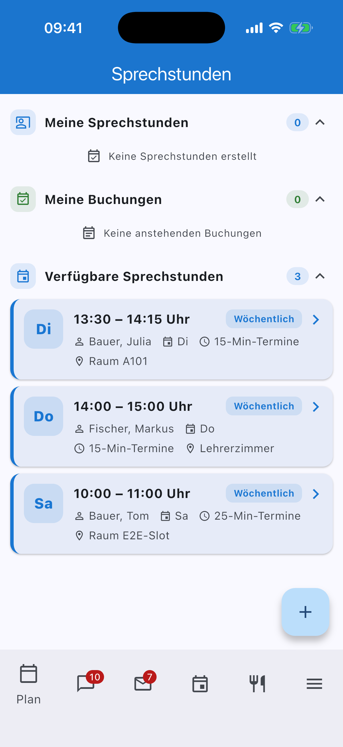 Sprechstunden-Übersicht mit buchbaren Terminen