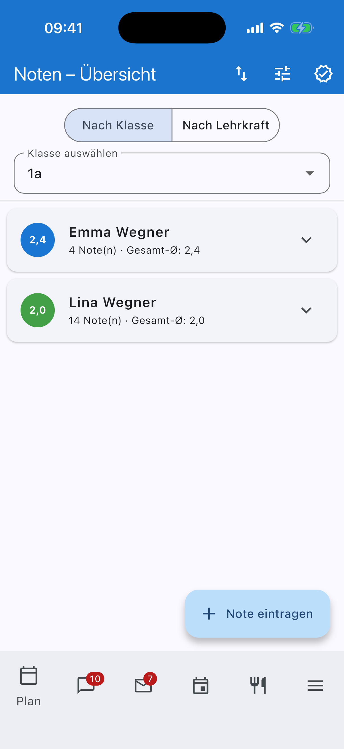Noten-Übersicht in der Schoolanizer-App