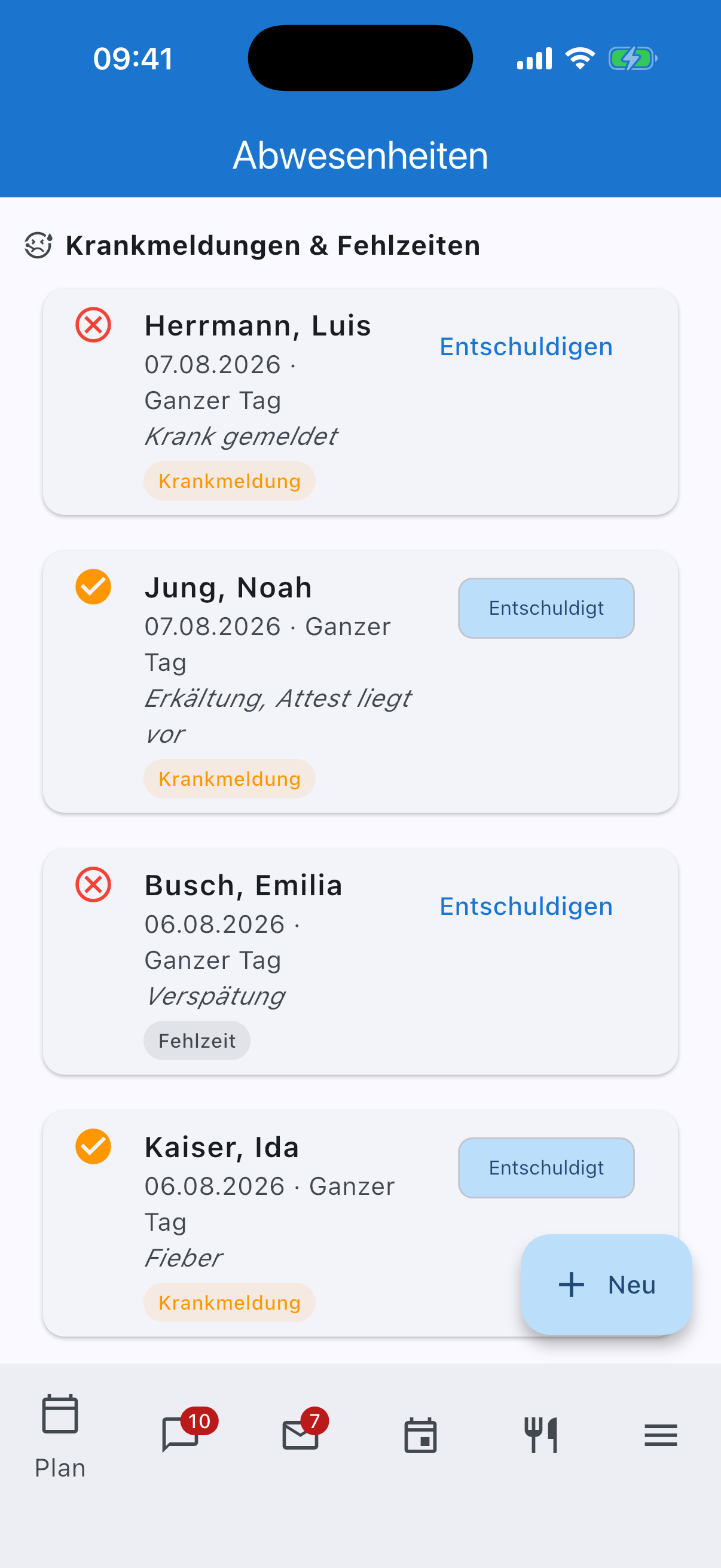 Abwesenheiten mit Krankmeldungen und Fehlzeiten