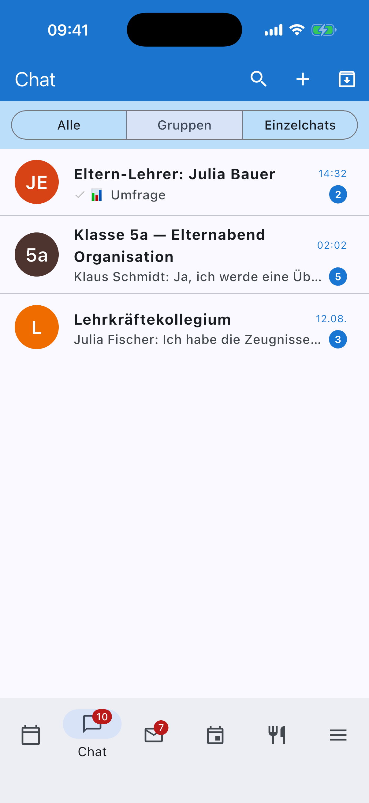 Chat-Übersicht gefiltert auf Gruppen-Räume