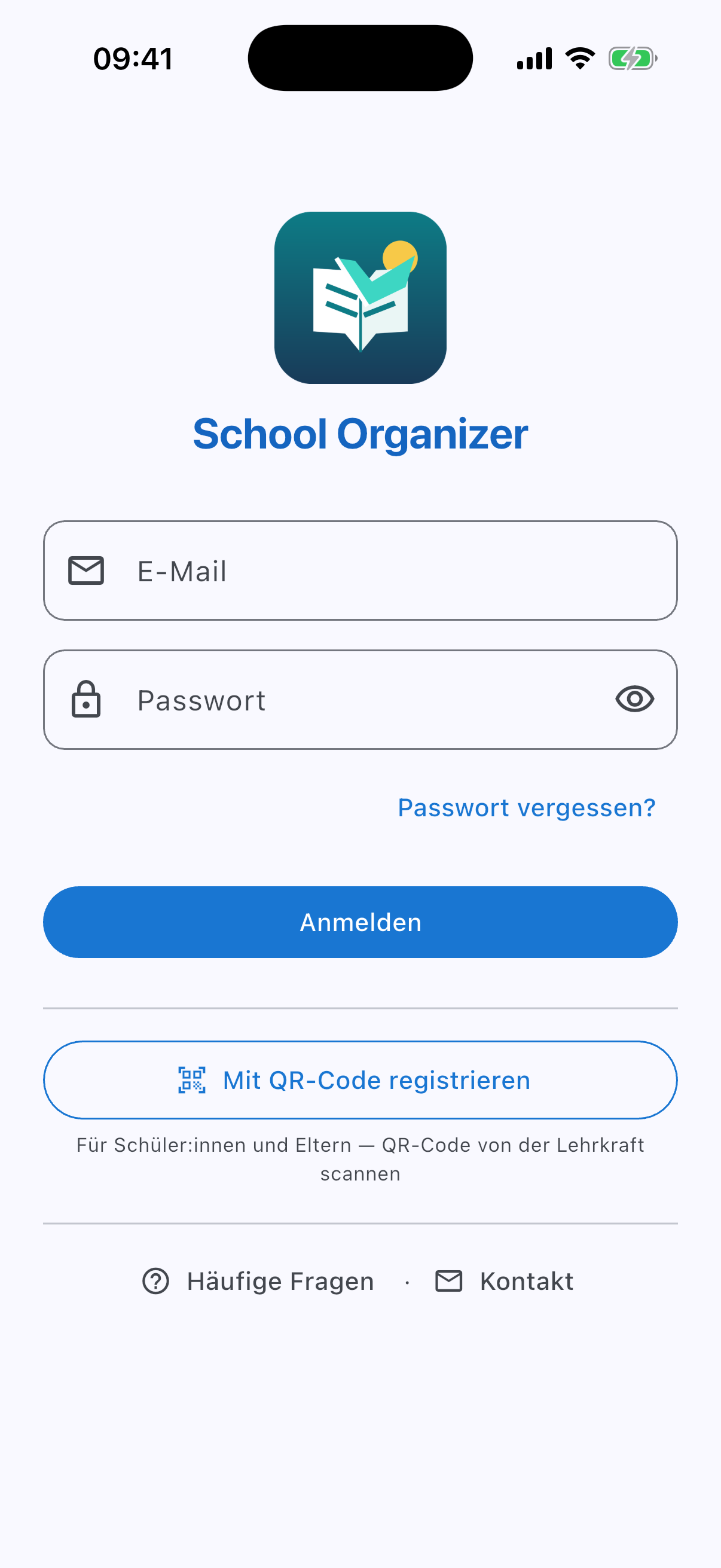 Anmelde-Bildschirm der App mit „Mit QR-Code registrieren“