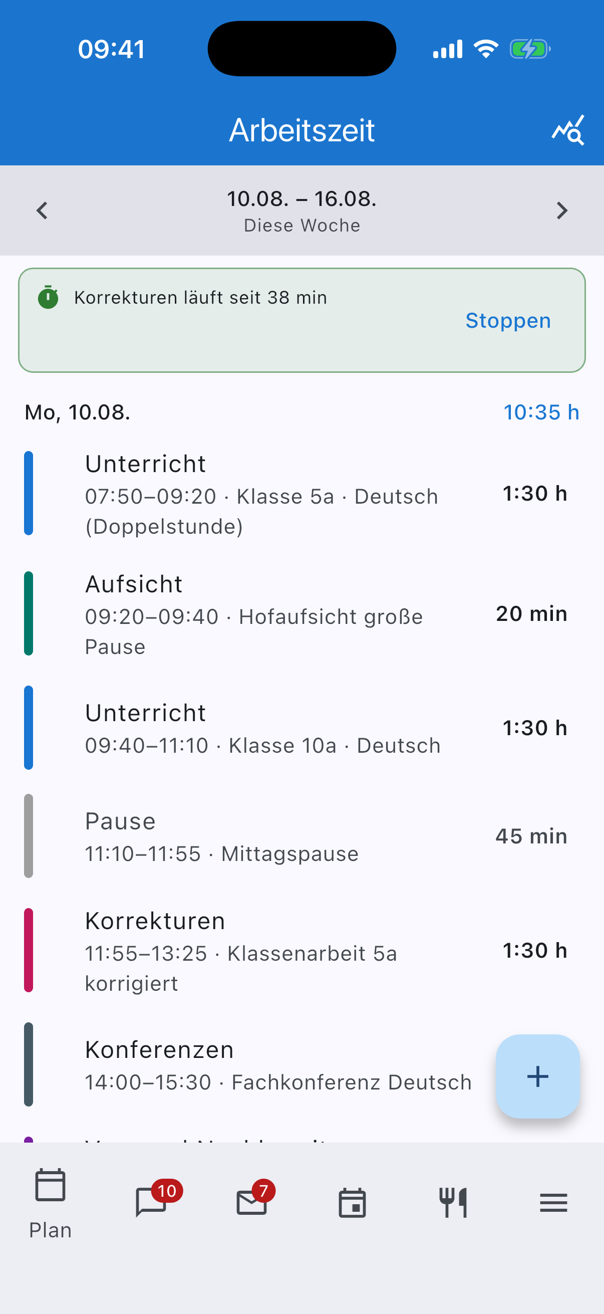 Wochenliste der erfassten Arbeitszeit mit laufender Zeitmessung
